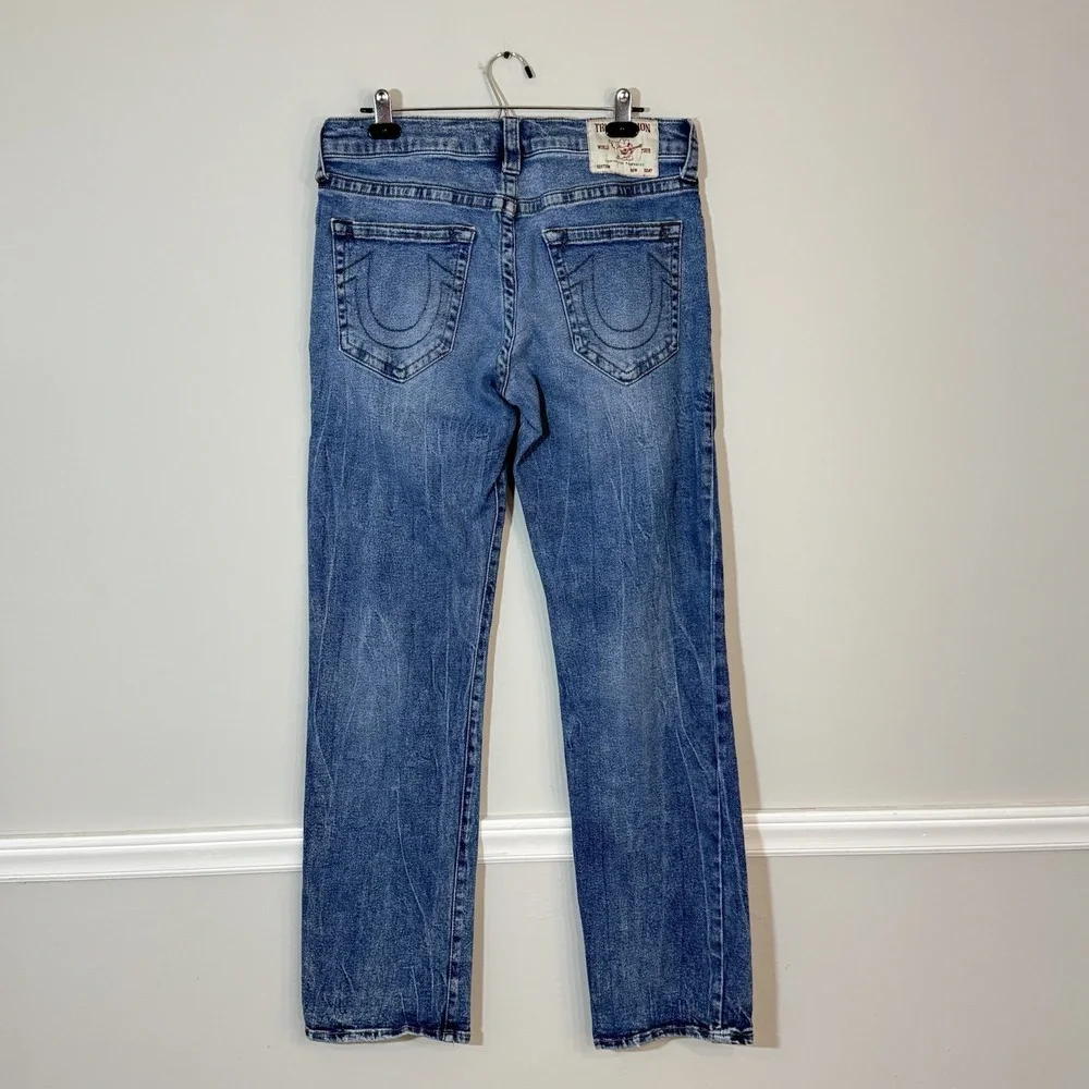 True Religion Ricky Relaxed Straight Jeans Mens 32x33 Blue Stretch USA *Flaw*